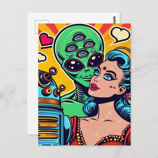 Alien en een vrouw in liefde briefkaart (Voorkant / Achterkant)