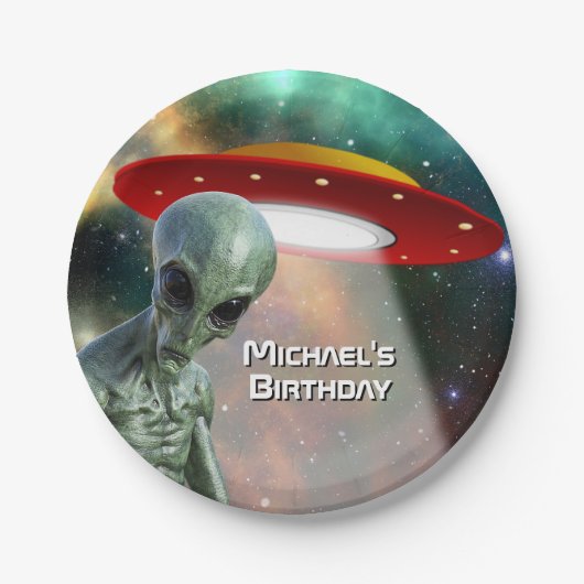 Alien en en UFO personaliseren Papieren Bordje (Voorkant)