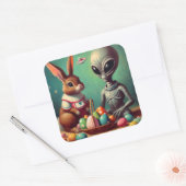 Alien en paashaas Kitsch schilderij Vierkante Sticker (Envelop)