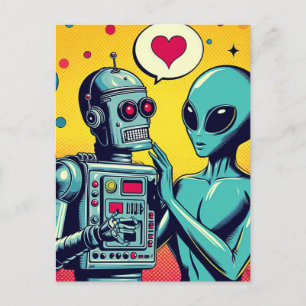 Alien en robot in liefde briefkaart