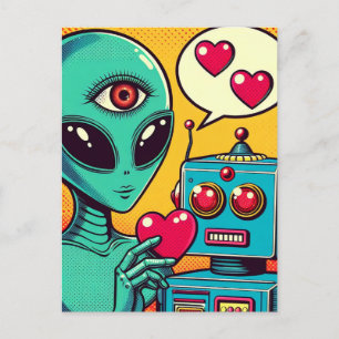 Alien en Robot in Love Retro Comic Briefkaart