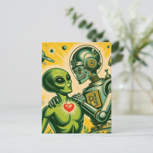 Alien en Robot Retro Liefde Briefkaart (Staand voorkant)