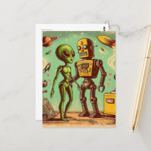 Alien en Robot Retro Liefde Briefkaart