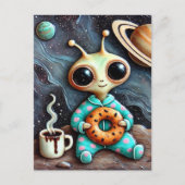 Alien in blauwe PJ's met een koffie en bagel Briefkaart (Voorkant)
