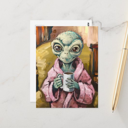 Alien in een roze jurk met koffie briefkaart (Voorkant / Achterkant in situ)