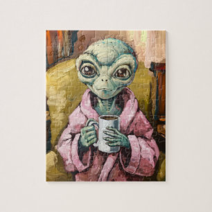 Alien in een roze jurk met koffie legpuzzel