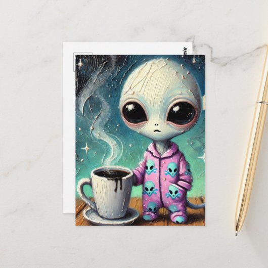Alien in PJ's met een Koffie Briefkaart (Voorkant / Achterkant in situ)