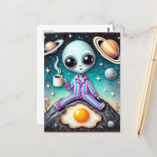 Alien in PJ's met een koffie en ei Briefkaart