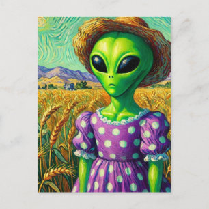 Alien in Polka Dot Dress en Straw Pet Tarweveld Briefkaart