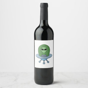 Alien in zijn kleine ruimteschip wijn etiket