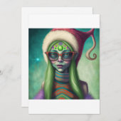 Alien Kerstmis Hippie Elf Gift. T-shirt Feestdagenkaart (Voorkant / Achterkant)