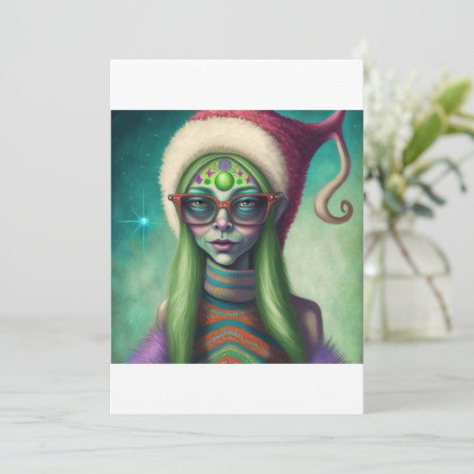 Alien Kerstmis Hippie Elf Gift. T-shirt Feestdagenkaart (Staand voorkant)