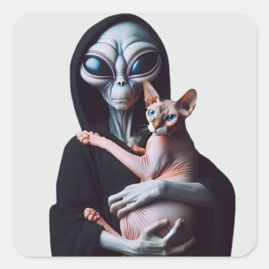 Alien Knuffelen Sphynx Kat Ufo Ontvoeringsgebied 5 Vierkante Sticker (Voorkant)