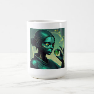 Alien Lady houdt transparant glazen object vast Koffiemok