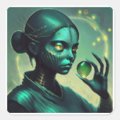Alien Lady houdt transparant glazen object vast Vierkante Sticker (Voorkant)