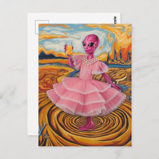 Alien Lady in Roze met Oranje Juice Briefkaart (Voorkant / Achterkant)