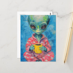 Alien met een kopje koffie briefkaart