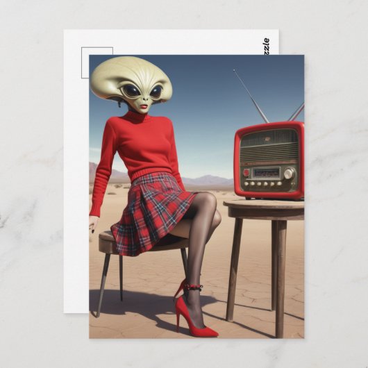 Alien met een radio in de woestijn briefkaart (Voorkant / Achterkant)
