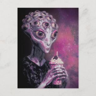 Alien met veel ogen en een milkshake briefkaart