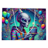 Alien met verjaardagstaart groot cadeauzakje (Achterkant)