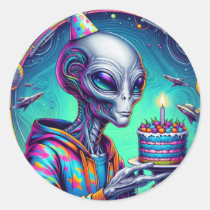 Alien met verjaardagstaart ronde sticker