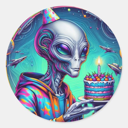 Alien met verjaardagstaart ronde sticker (Voorkant)