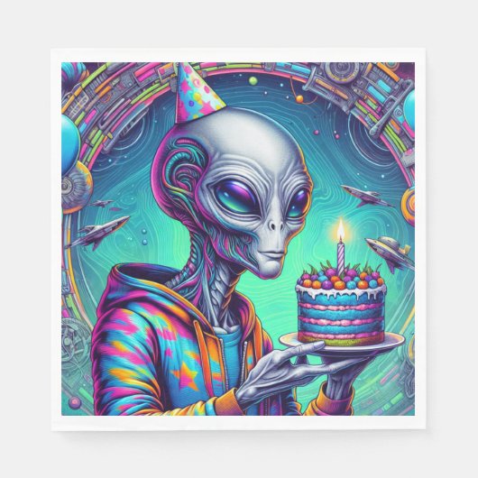 Alien met verjaardagstaart servet (Voorkant)