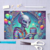 Alien met verjaardagstaart tissuepapier (Craft)