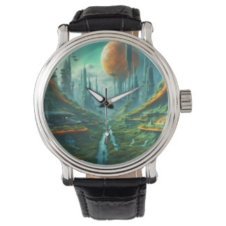 Alien Natuur & Futuristische Stad Surrealistische Horloge