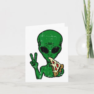 Alien Pizza Eating Peace Fun Space Area-51 Hallowe Kaart