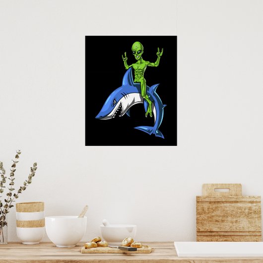 Alien Riding Shark Space UFO Poster (Keuken)