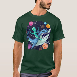 Alien Riding Shark UFO Buitenruimtecentrales Kinde T-shirt