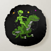 Alien Riding T-Rex Dinosaur Space UFO Rond Kussen (Voorkant)
