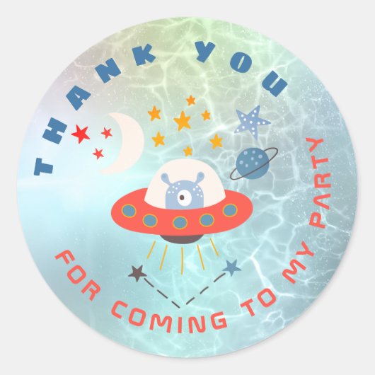 Alien ruimteschip dank u blauwgroen verjaardagsgun ronde sticker (Voorkant)