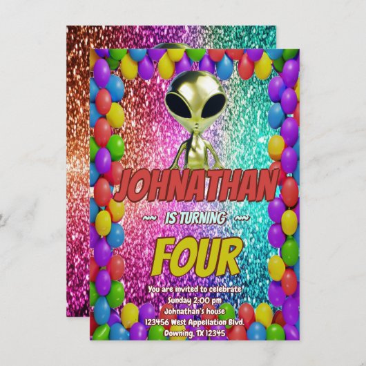 Alien Space UFO Rocket Ship invitation d'anniversa (Devant / Derrière)