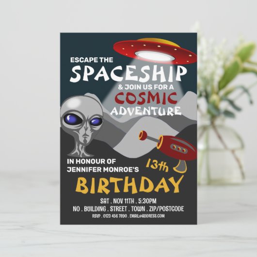 Alien Spaceship Theme, Escape Room, Birthday Party Kaart (Staand voorkant)