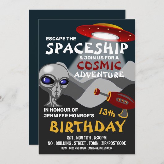 Alien Spaceship Theme, Escape Room, Birthday Party Kaart (Voorkant / Achterkant)