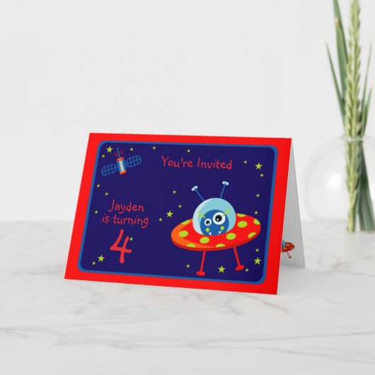Alien Spacship Anniversaire Party Invitation Card (Devant)