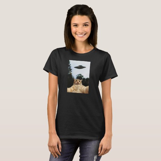 Alien UFO Funny Cat Selfie T-shirt (Voorkant volledig)