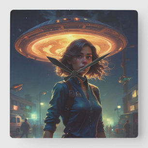Alien UFO Ontmoeting Door Meisje In De Stad Vierkante Klok