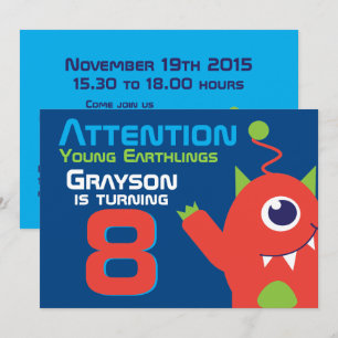 Alien verjaardagsjongen 8e blauw sinaasappel uitno kaart