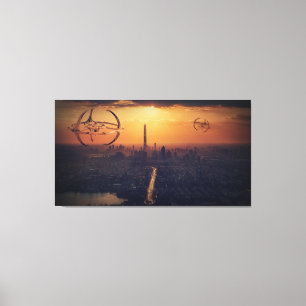 Alien verscheept boven het landschap van de stad F Canvas Afdruk