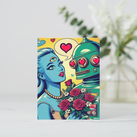 Alien Vrouw en Robot in Liefde Retro Comic Briefkaart (Staand voorkant)