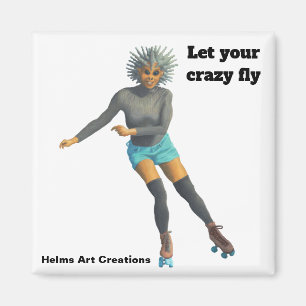 Alien Woman Roller Skater Fantasy Button Magnet Magneet
