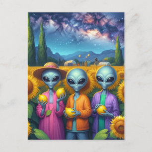 Aliens met citroenen in zonnebloemen briefkaart