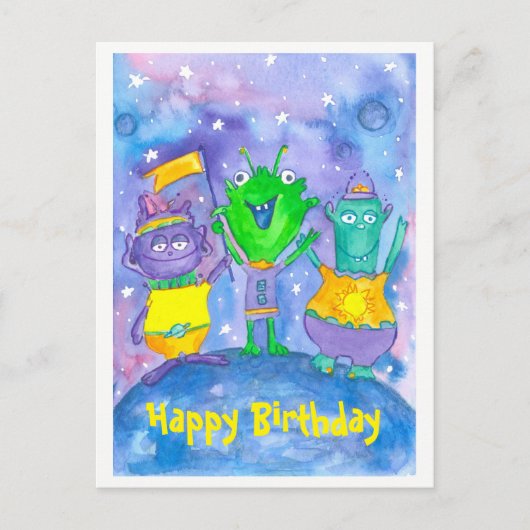 Aliens Outer Space Happy Birthday Briefkaart (Voorkant)
