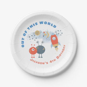 Aliens Ruimteschip Maan Sterren Jongen 4e Verjaard Papieren Bordje