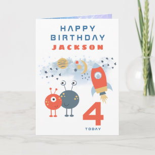 Aliens Spaceship Age 4 Birthday Space White Kaart