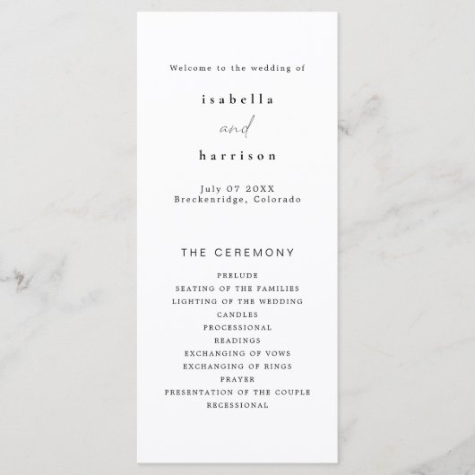 ALINA Minimalist Elegant Long Wedding Program Menu (Voorkant)