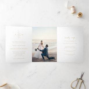 Alisha Gold Tan Botanische Elegante Huwelijk Drieluik Uitnodiging